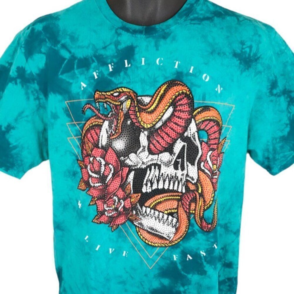 Affliction Rattlesnake Skull T Shirt Mens Size Medium Teal Black Label Dagger
